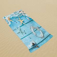 1pc Seashell & Starfish Cartoon Printed Fiber Beach Towel, Unisex Outdoor Gear - Multicolor - View 3