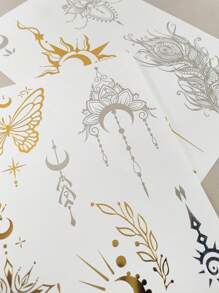 2 Trang tính Vàng bạc Tia sáng Hình xăm dán mặt trời Loại bướm Mặt trăng Lông vũ Hình xăm dán tạm thời - Vàng - Xem 4