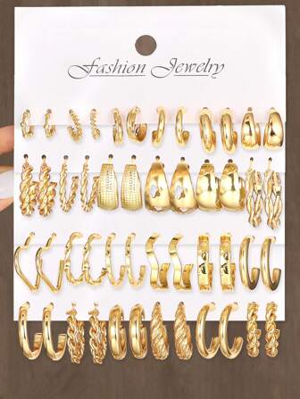 12-48pcs Elegant Vintage Design Assorted Earring Set, Including Heart, Flower, Wave, Twist, Hollow, Textured, Metal C-Shaped Hoops, Suitable For Holidays, Vacation, Parties, Dates, Daily Wear