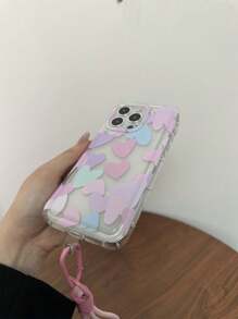 Valentines 2000s Fashion Phone Charm 1pc Transparent Anti-Drop Tpu Painted Heart Phone Case With Lanyard, Compatible With Iphone Models Waterproof Shockproof Scratch Resistant