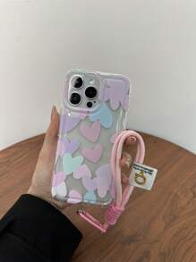 Valentines 2000s Fashion Phone Charm 1pc Transparent Anti-Drop Tpu Painted Heart Phone Case With Lanyard, Compatible With Iphone Models Waterproof Shockproof Scratch Resistant