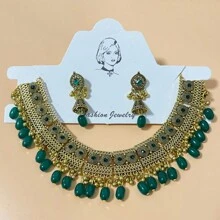 3入裝優雅復古合金鑽石彩珠吊墜波西米亞風格珠寶套裝,適合女性節日婚禮佩戴 - 綠色 - 查看 5