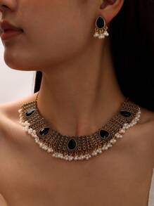 MESTILO 3pcs/Set Vintage Metal & Faux Pearl Teardrop Shaped Tassel Necklace And Earrings Set, Suitable For Women's Daily Wear And Festival Occasions - Multicolor - View 1