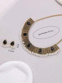 MESTILO 3pcs/Set Vintage Metal & Faux Pearl Teardrop Shaped Tassel Necklace And Earrings Set, Suitable For Women's Daily Wear And Festival Occasions - Multicolor - View 3