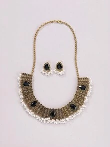 MESTILO 3pcs/Set Vintage Metal & Faux Pearl Teardrop Shaped Tassel Necklace And Earrings Set, Suitable For Women's Daily Wear And Festival Occasions - Multicolor - View 2