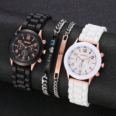 Conjunto De Relojes Para Parejas De 4 Piezas Con Correa De Reloj De Silicona Negra Y Blanca De Ginebra, Con Brazalete De Cadena De Metal