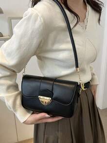 Bolso Cruzado Retro Con Candado De Amor, Bolso De Hombro De Color Sólido, Bolso De Mano Y Monedero Simple Para Mujeres - Negro - Ver 3