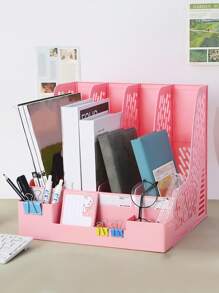 1pc Desktop Book & File Organizer, Desk Shelf, Stand, Compartment, Plastic Tray, Storage Box, Magazine Rack - Pink - View 1
