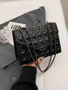 Solid Fashionable Shoulder Bag, Crossbody Bag, Casual Square Bag - Black - View 4