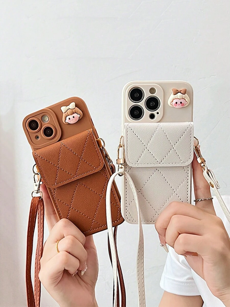 Card Holder For Phone Case 1pc Girls Rhombus Card Slot Phone Case, Compatible With IPhone 15 Pro Max & Compatible With Samsung - Beige - View 1