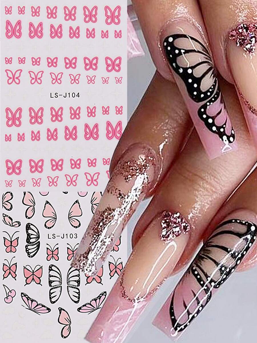 3D Pink Spring Nail Design Colorful Butterfly Nail Sticker 3D Nail Art Slider Geometric Nail Art Accessories Sticker - Multicolor - View 1