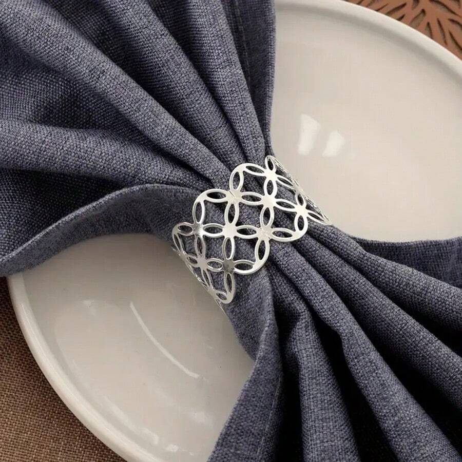 6入組高端時尚古銅金屬造型餐巾環,適用於家庭用餐、生日聚會、酒店、餐廳裝飾 - 銀色 - 查看 1