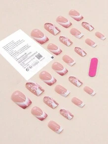 按压指甲 24 片短方形卡通可爱蝴蝶风格指甲 - 彩色 - 查看 2