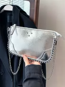 Women's Retro Color Block Beaded Chain Shoulder Bag With Bark Texture Design, Commute Envelope Bag - Silver - View 1