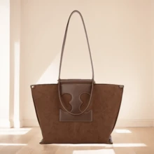 大容量磨砂绒便携手提包 美拉德色单肩通勤包 可装文件夹 适合男女大学生女生女士白领通勤搭配逛街旅游户外使用 - 棕色 - 查看 4