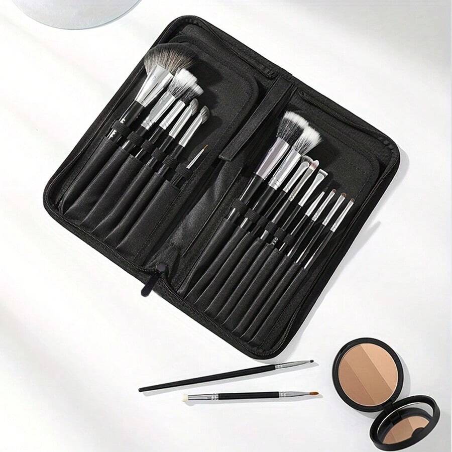 1個黑色立式化妝刷15孔袋，便攜式旅行收納盒，適用於化妝師和個人使用 - 黑色 - 查看 1