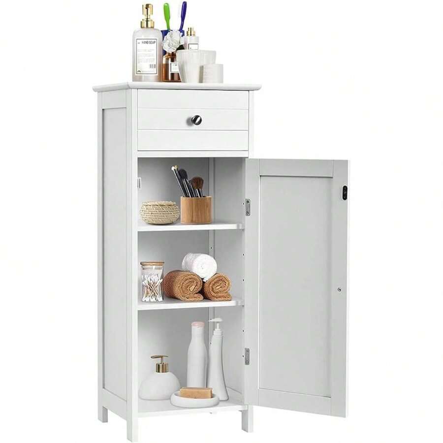 Bathroom Cabinet With Drawer, Midi Cabinet With Adjustable Shelves, Bathroom Cabinet Bathroom Chest Of Drawers Made Of Wood For Bathroom & Living Room, 30 X 35 X 87 Cm - 白色 - 查看 1