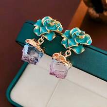 1 对银针不对称油滴玫瑰花耳环，奢华时尚紫水晶耳坠，高端感性礼物 - 彩色 - 查看 4