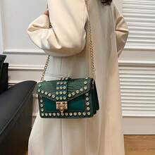 時尚鉚釘個性鑽石時尚鏈斜背包,哥德式小方包,適合大學生、女士、女孩、女士晚餐、約會、通勤、購物 - 綠色 - 查看 10