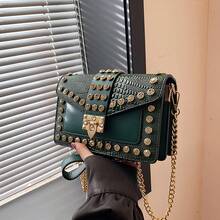 時尚鉚釘個性鑽石時尚鏈斜背包,哥德式小方包,適合大學生、女士、女孩、女士晚餐、約會、通勤、購物 - 綠色 - 查看 4