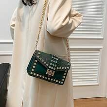 時尚鉚釘個性鑽石時尚鏈斜背包,哥德式小方包,適合大學生、女士、女孩、女士晚餐、約會、通勤、購物 - 綠色 - 查看 11