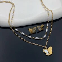 3pcs/Set Fashionable Double Layered Stainless Steel Shell Butterfly Pearl Necklace & Earrings Set, Great For Birthday, Festival, Date, Dance Party - Yellow Gold - View 1