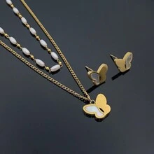 3pcs/Set Fashionable Double Layered Stainless Steel Shell Butterfly Pearl Necklace & Earrings Set, Great For Birthday, Festival, Date, Dance Party - Yellow Gold - View 2