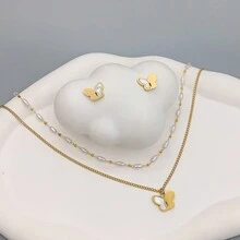 3pcs/Set Fashionable Double Layered Stainless Steel Shell Butterfly Pearl Necklace & Earrings Set, Great For Birthday, Festival, Date, Dance Party - Yellow Gold - View 3