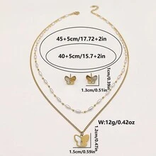 3pcs/Set Fashionable Double Layered Stainless Steel Shell Butterfly Pearl Necklace & Earrings Set, Great For Birthday, Festival, Date, Dance Party - Yellow Gold - View 4