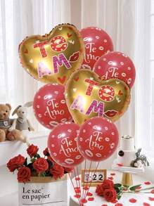 7pcs/Set Spanish 'I Love You' Heart Shaped Aluminum Foil Balloons & Latex Balloons, Perfect For Proposal, Wedding, Valentine'S Day, Party, Decoration - Gold - View 1