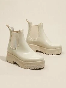 時尚女士雨鞋,軟pvc鞋面,加厚、保溫、防滑、四季適用、時尚外層設計、切爾西風格靴子、英式厚底、厚實高跟、中筒成人靴子、橡膠、抗水 - 米色 - 查看 4