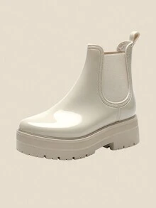 時尚女士雨鞋,軟pvc鞋面,加厚、保溫、防滑、四季適用、時尚外層設計、切爾西風格靴子、英式厚底、厚實高跟、中筒成人靴子、橡膠、抗水 - 米色 - 查看 5