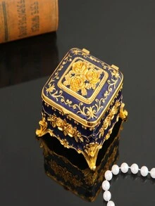 1入歐式風格方形玫瑰裝飾迷你珠寶盒,金屬珠寶組織器,適用於戒指耳環手鍊項鍊收納 - 藍色 - 查看 1