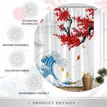 One Piece Of Japanese Ukiyo-E Shower Curtain, Kanagawa, Mt. Fuji, Great Wave, Cherry Blossom, Water Ink, Red Plum Blossom, Landscape, Sea Wave, Living Room Background Wall Flowers, Butterflies, Japanese-Style Modern Fashion Home Bathroom Shower Curtain, Shower Screen, Window Curtain, Bathtub Partition Curtain With Hooks, Home Bathroom Decorative Shower Curtain. - Black and White - View 7