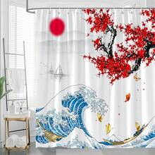 One Piece Of Japanese Ukiyo-E Shower Curtain, Kanagawa, Mt. Fuji, Great Wave, Cherry Blossom, Water Ink, Red Plum Blossom, Landscape, Sea Wave, Living Room Background Wall Flowers, Butterflies, Japanese-Style Modern Fashion Home Bathroom Shower Curtain, Shower Screen, Window Curtain, Bathtub Partition Curtain With Hooks, Home Bathroom Decorative Shower Curtain. - Black and White - View 3