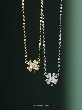 Collar de trébol de cuatro hojas con diamantes de imitación de plata esterlina S925. Diseño de lujo ligero, fresco y sencillo para mujeres. Cadena de clavícula para boda, compromiso y joyería de San Valentín