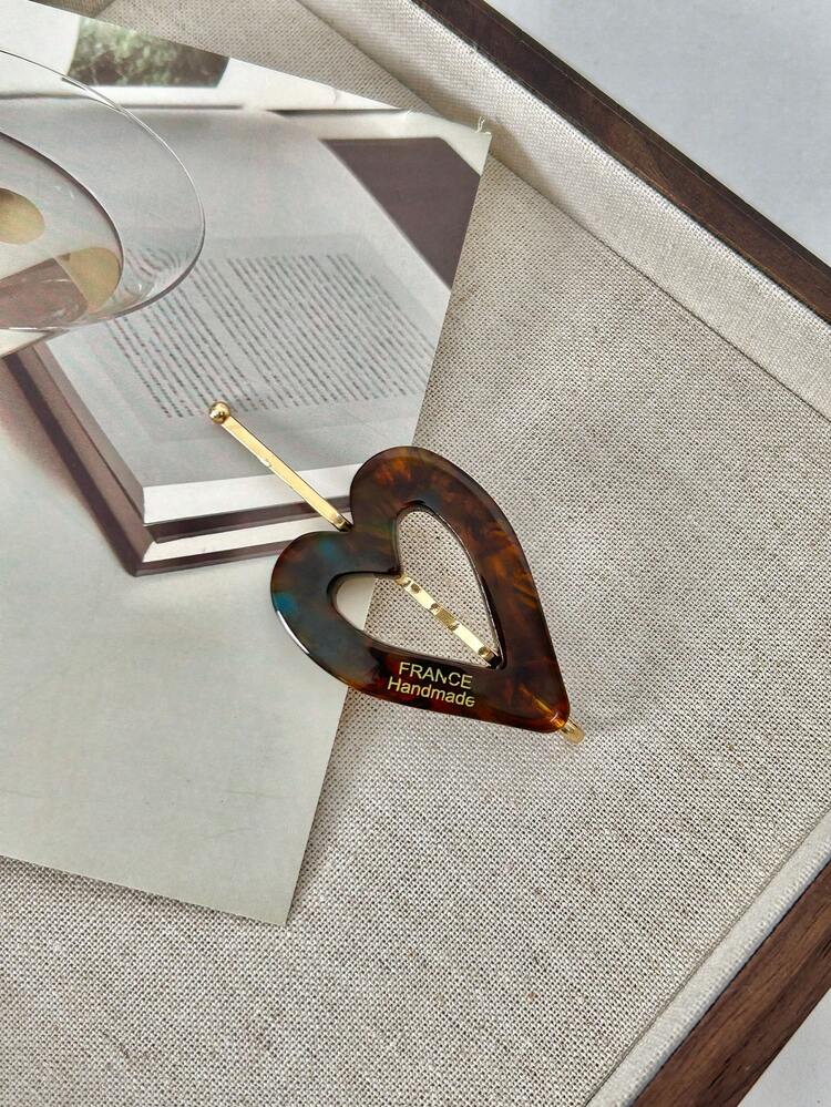 1個女士心形醋酸纖維髮夾帶字母細節,適合休閒穿著,尤其適合側瀏海和亂髮 - 咖啡棕 - 查看 3