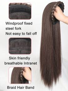 合成長直頭帶半假髮夾式補发毛茸茸自然假髮金色黑色啡色附帶髮帶 - 棕色 - 查看 5