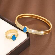 1pc Bracelet & 1pc Ring/ Set Fashionable Geometric Design Copper Setting Cubic Zirconia Women's Jewelry - Bracelet + Ring Set - View 5