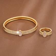 1pc Bracelet & 1pc Ring/ Set Fashionable Geometric Design Copper Setting Cubic Zirconia Women's Jewelry - Bracelet + Ring Set - View 7