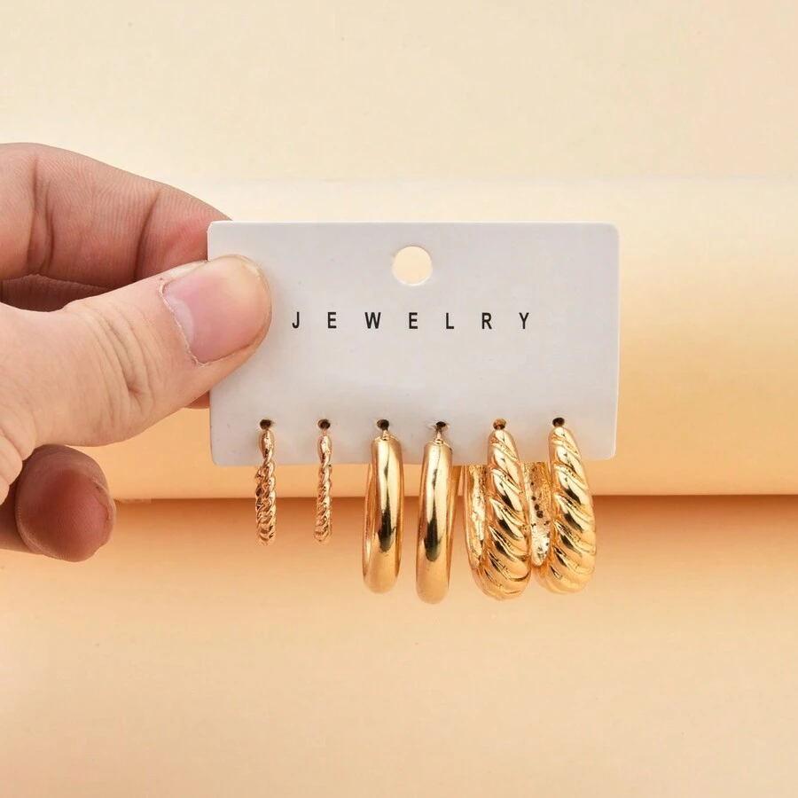 9入組女性涼爽的金屬幾何c設計&螺紋紋理&復古風格的禮物耳環,獻給母親和教師 - 金色 - 查看 1