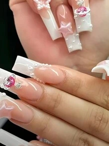 Get Glamorous With 24 Pcs Long Coffin Cute Elegance Heart-Shaped Faux Pearls, 3D Stars, White French Full Cover Fake Nail,Gift For Women Mom Wife Sister Teen Girl Friend,Valentine's Day,Thanksgiving,Cosplay,Travel,Party,Christmas,Suit For Spring, Summer, Fall,Winter, Suit For Hands & 1pc Nail File & 1sheet Nail Jelly Glue - Multicolor - View 1