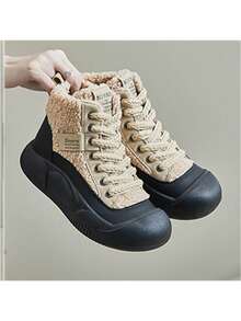 女性冬季韓版高筒厚底休閑運動鞋,加厚毛絨內襯,學生潮流運動鞋 - 卡其色 - 查看 4