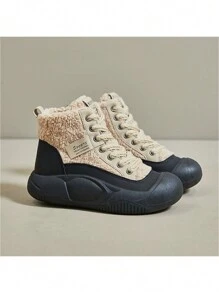 女性冬季韓版高筒厚底休閑運動鞋,加厚毛絨內襯,學生潮流運動鞋 - 卡其色 - 查看 1