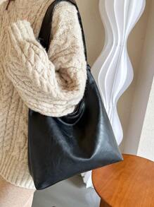 全新設計簡約大容量純色pu單肩包休閒日常使用 - 黑色 - 查看 3