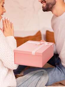 1 pieza Caja de regalo, diseño sencillo, unicolor, lazo de cinta, caja plegable con tapa y base, adecuada para envolver regalos de fiesta, festival, novia, Día de San Valentín, cumpleaños - Rosa - Ver 6