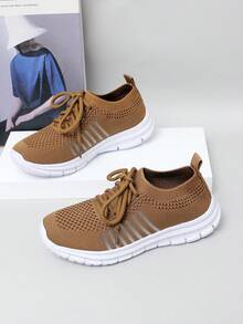 1 双女童针织系带平底透气一脚蹬休闲儿童运动鞋，适合春秋季节 - 棕色 - 查看 4