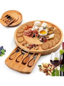 1pc Cheese Board Set With Cheese Knives & Forks, Bamboo Cheese Board Set With Drawer, Wooden Serving Platter For Cheese, Pizza, Bread, Snacks, Desserts & Party Food, Round Chopping Board For Kitchen, 2pcs Dinner Plate Sets, Bamboo Cheese Board Set, Unique Gift For Mother's Day, Housewarming, Wedding & Bridal Shower - Apricot - View 2