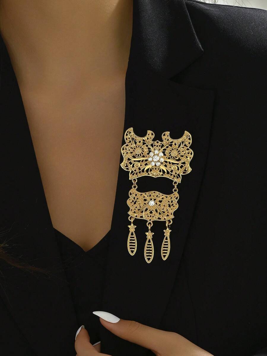 1pc Korean Style Fashionable Hollow Out Rhinestone Inlay Double Use Clothing Accessory Brooch For Women - Yellow Gold - View 1