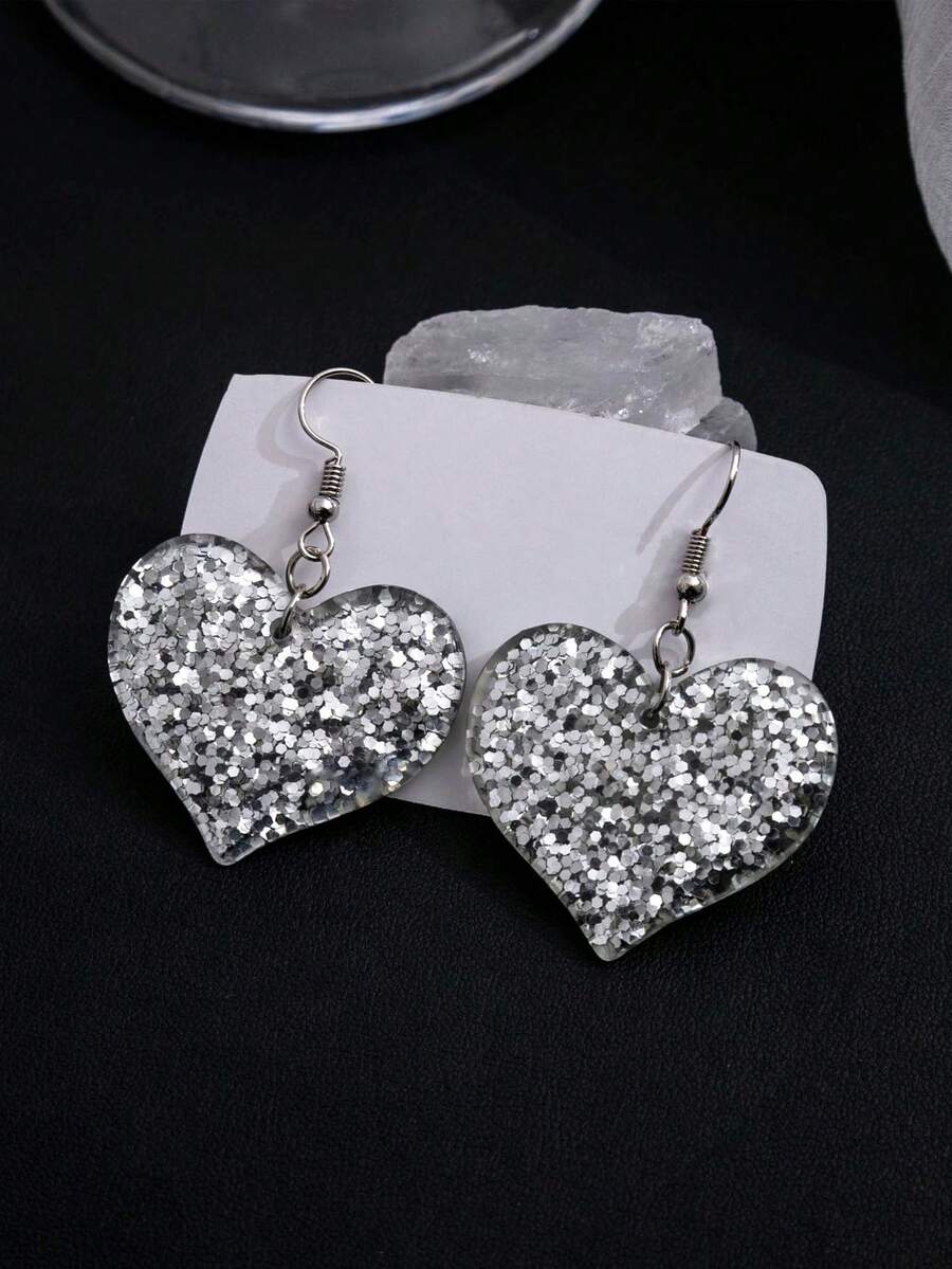 1pair New Heart Shaped Acrylic Hook Earrings For Women, Creative Design With Sparkling Sequins - Silver - View 1